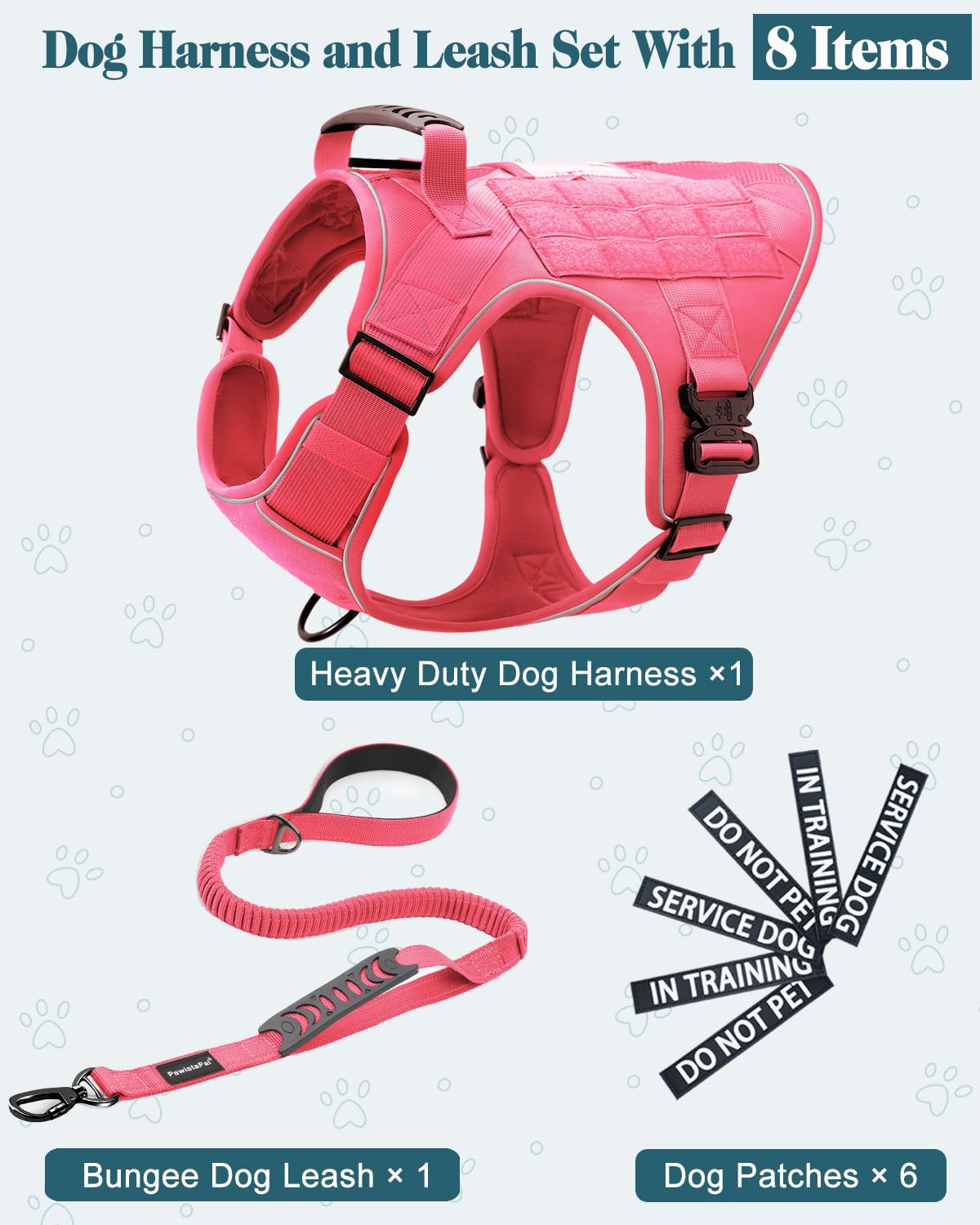 Reflective Pink Service Dog In Training Vest Harness Leash Set For Medium Dogs, Adjustable Heavy Duty Padded Dog Harness, With F